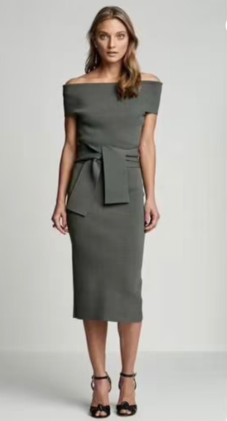 Scanlan Theodore Crepe Knit Off Shoulder Dress with Tie Belt - Size XS