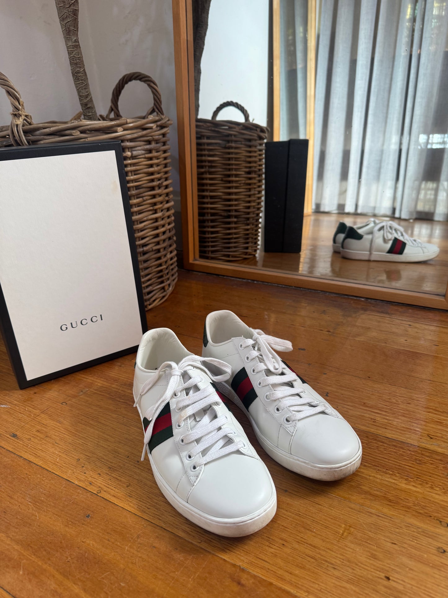 Gucci 'Ace' Webbing Trimmed Leather Sneakers - Size 40