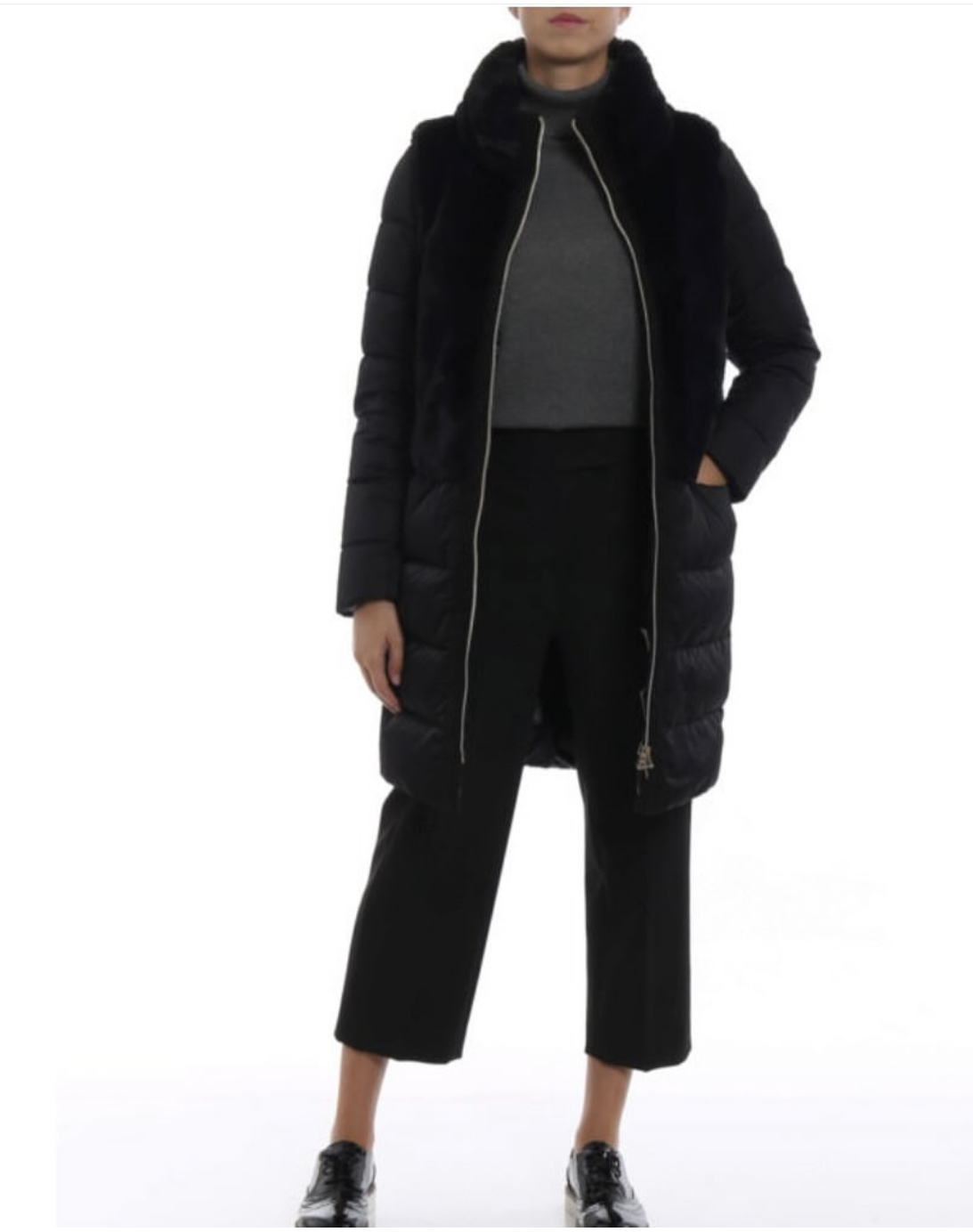 Herno Quilted Satin Coat with Faux Fur Panels