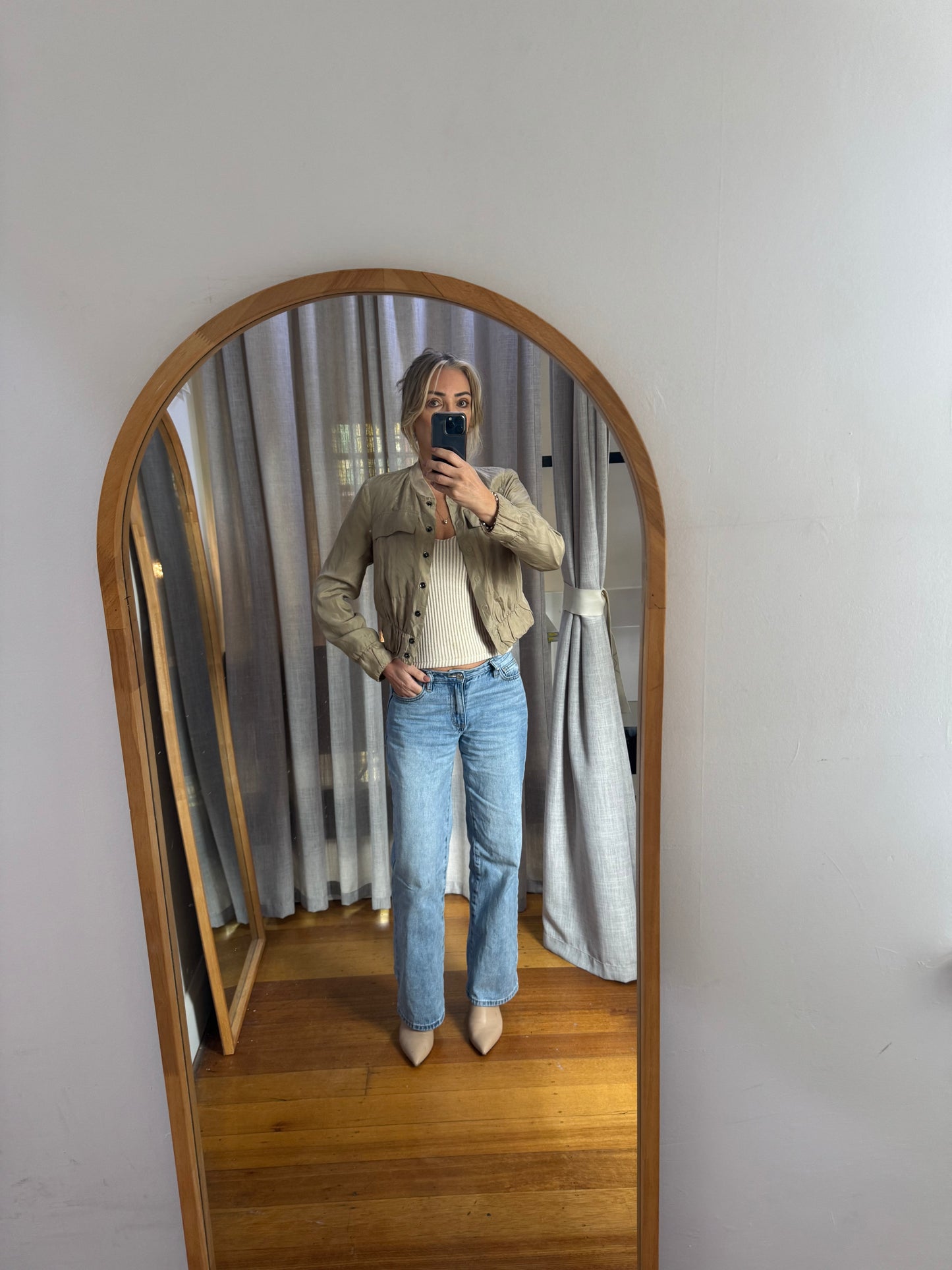 Scanlan Theodore Beige Silk Cropped Bomber Jacket - Size 10