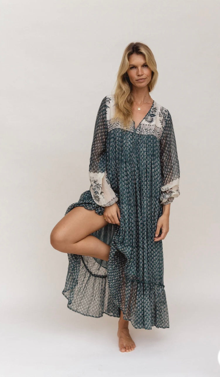 Daughters of India Rooh Fully Lined Green Paisley Maxi Dress - Size S