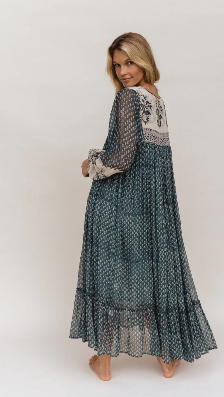 Daughters of India Rooh Fully Lined Green Paisley Maxi Dress - Size S