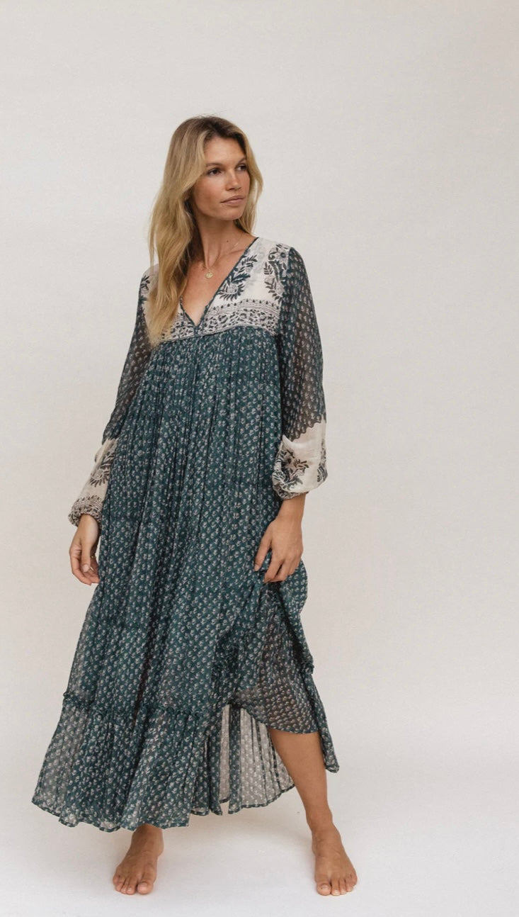 Daughters of India Rooh Fully Lined Green Paisley Maxi Dress - Size S