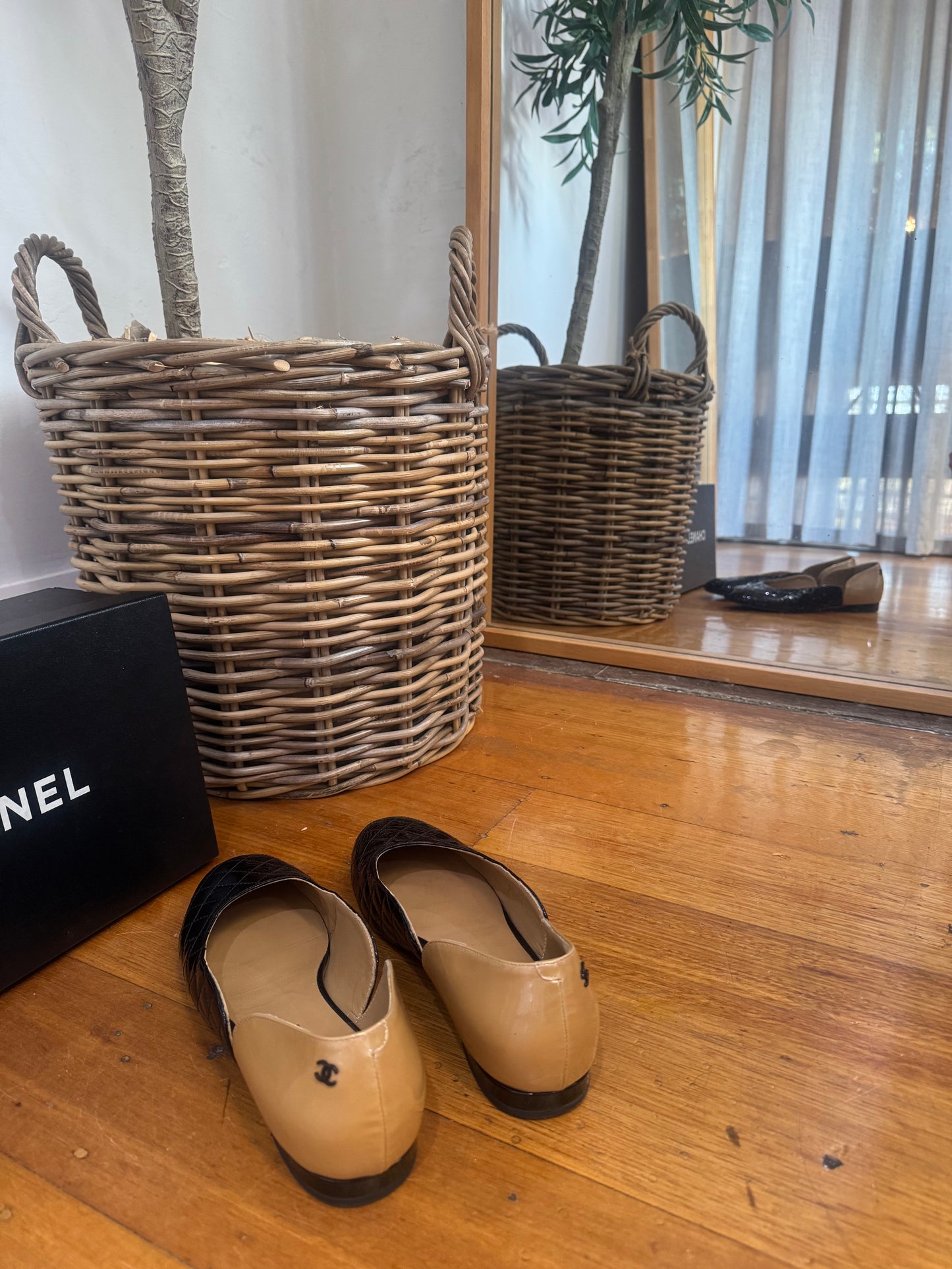 Chanel Tan & Black Quilted Ballet Flats in Box - Size 39C