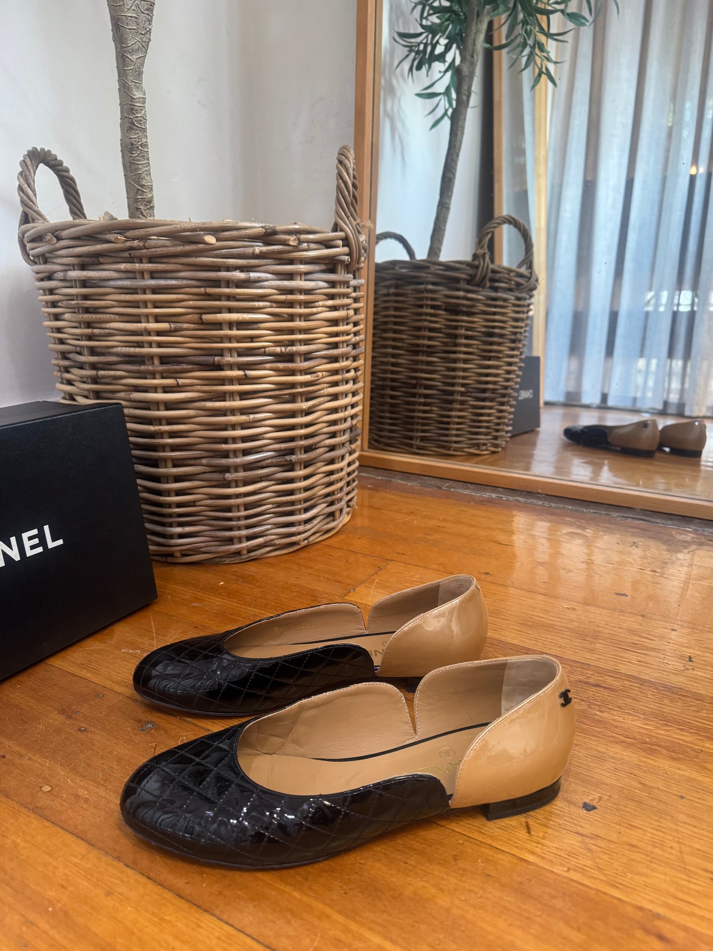 Chanel Tan & Black Quilted Ballet Flats in Box - Size 39C