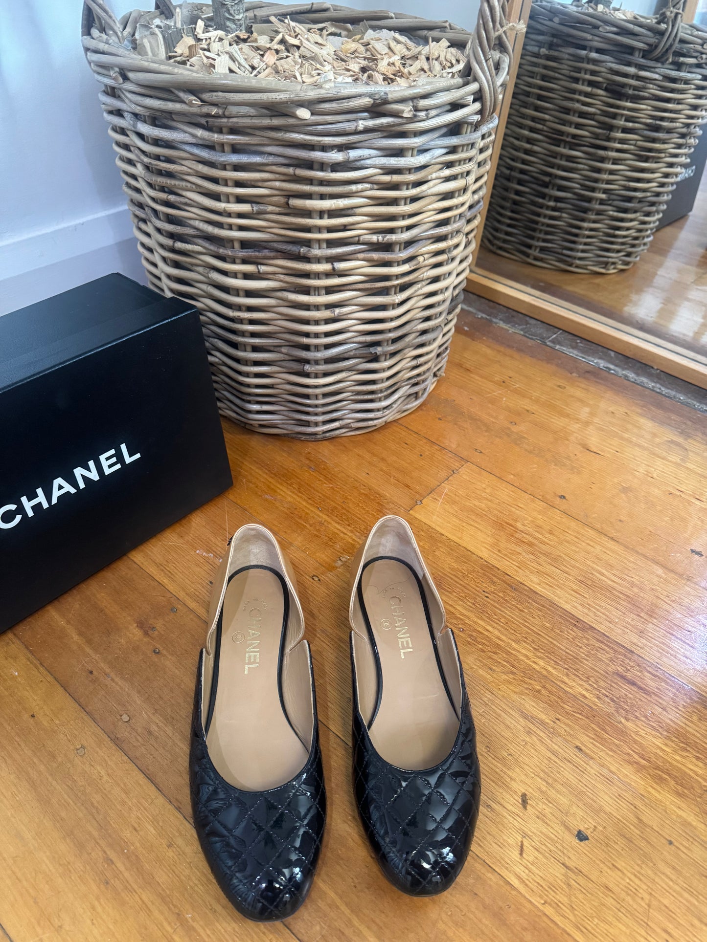 Chanel Tan & Black Quilted Ballet Flats in Box - Size 39C
