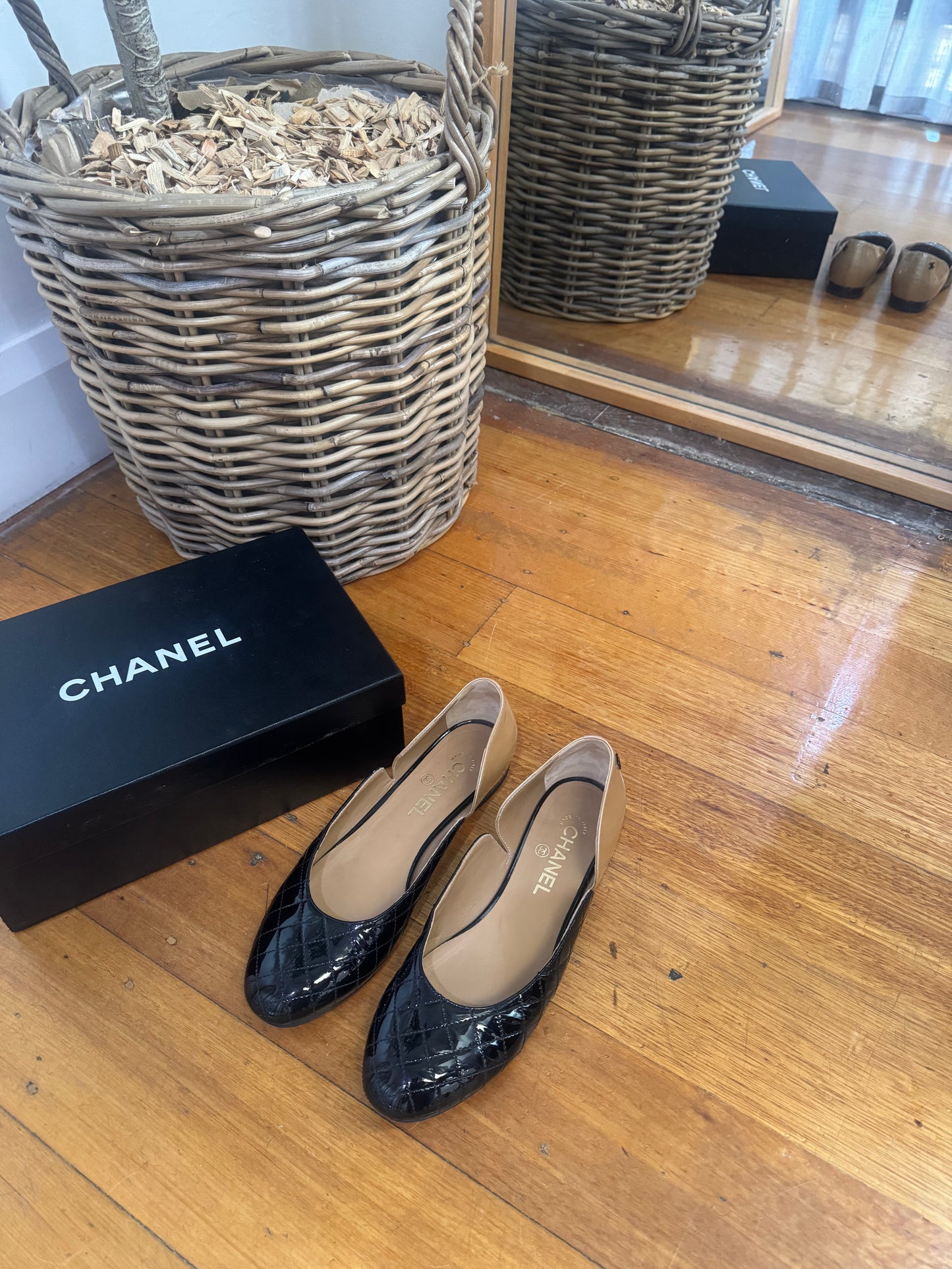 Chanel Tan & Black Quilted Ballet Flats in Box - Size 39C