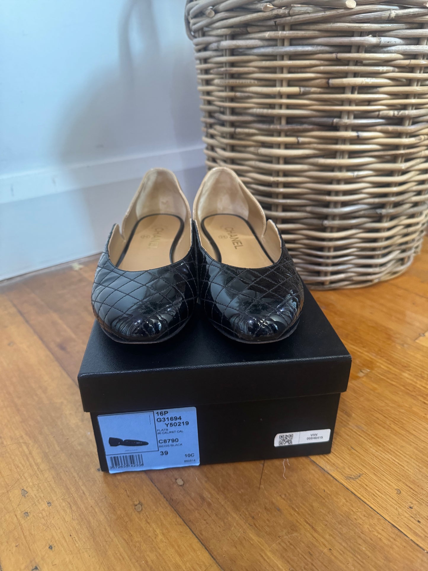 Chanel Tan & Black Quilted Ballet Flats in Box - Size 39C