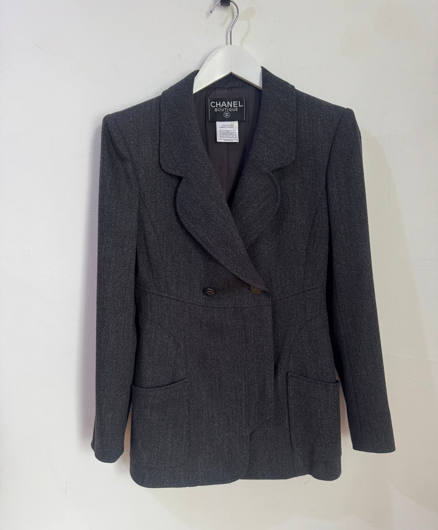 Chanel Grey Vintage 100% Wool Blazer - Size 38