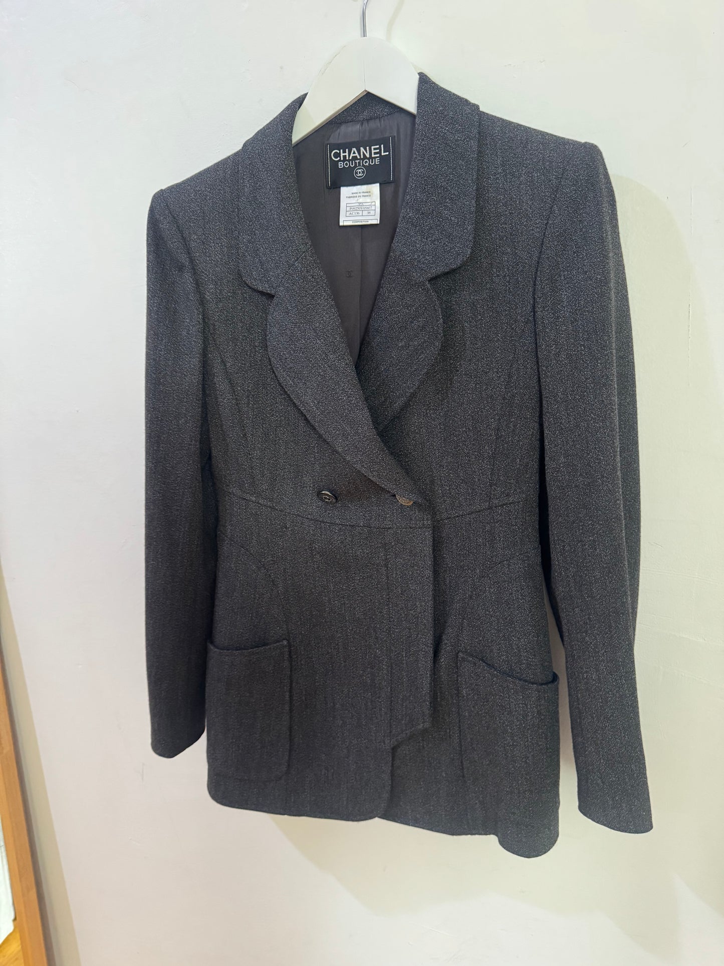 Chanel Grey Vintage 100% Wool Blazer - Size 38