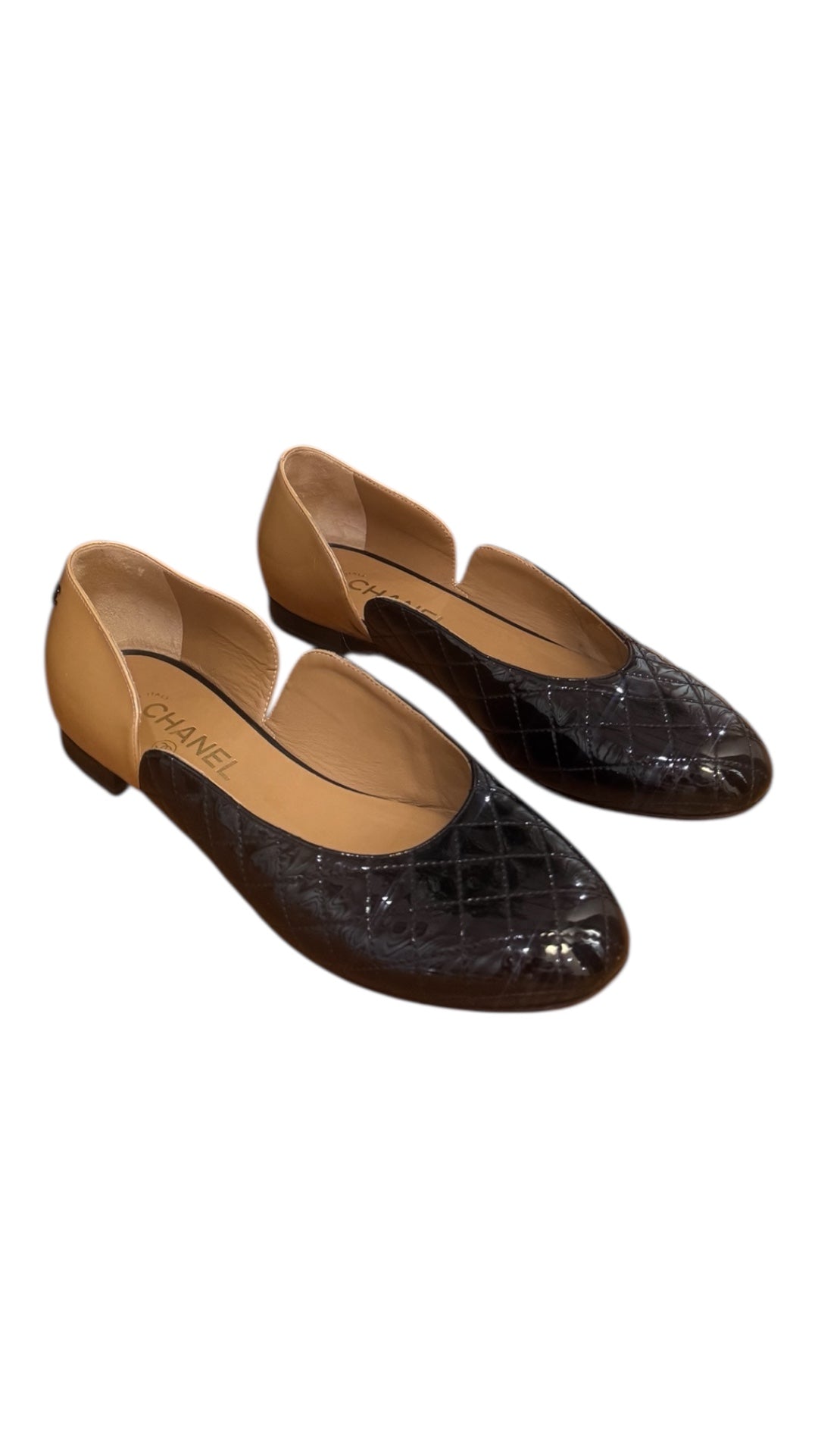 Chanel Tan & Black Quilted Ballet Flats in Box - Size 39C