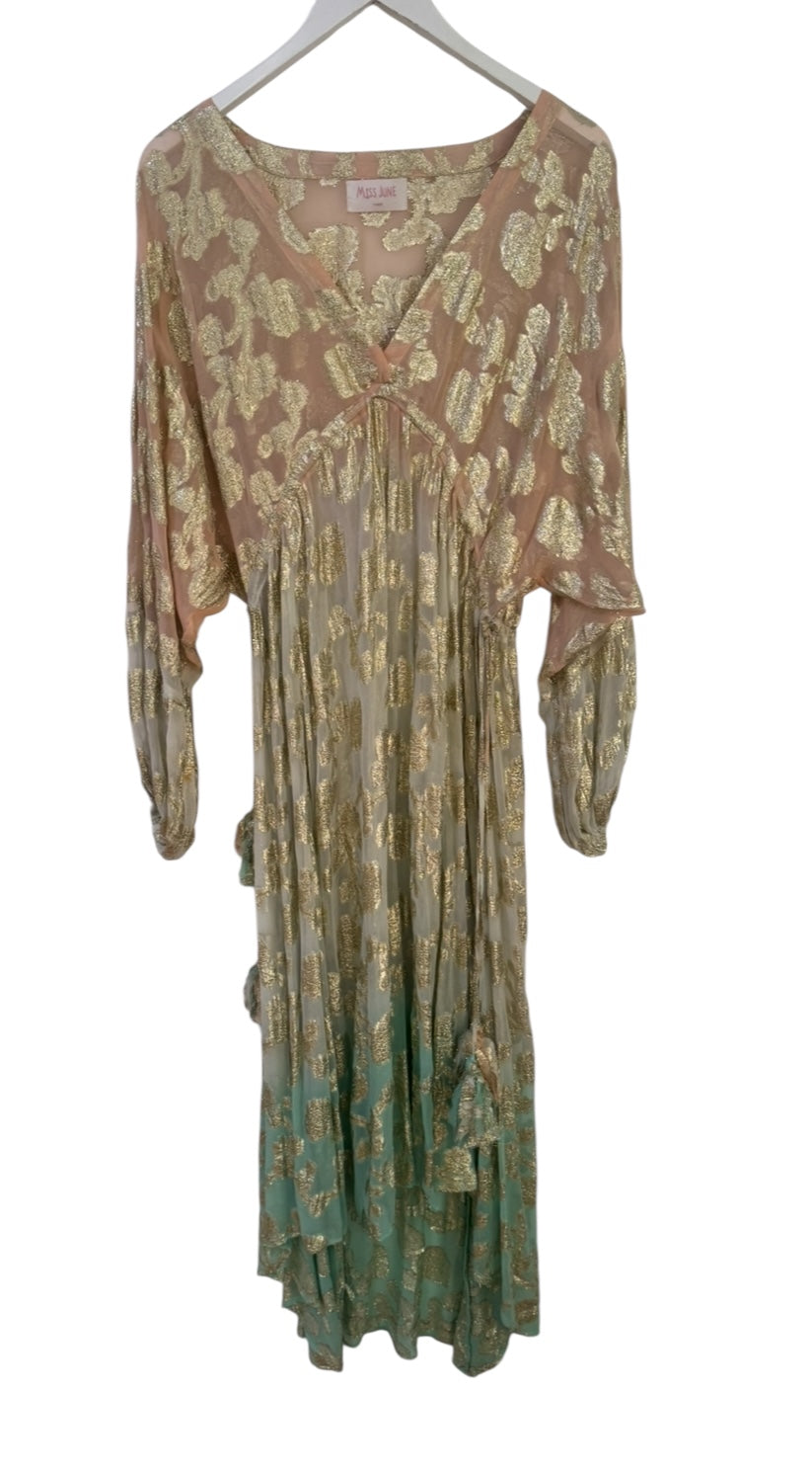 Miss June Floral Print Gold Kaftan Dress - Size S