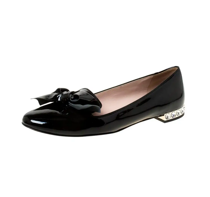 Miu Miu miu Black Patent Leather Studded Bow Ballet Flats - Size 38.5