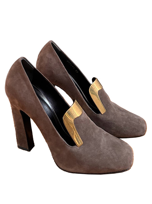 Gucci Chocolate Suede Loafer Pumps with Gold Detail in Box - Size 38
