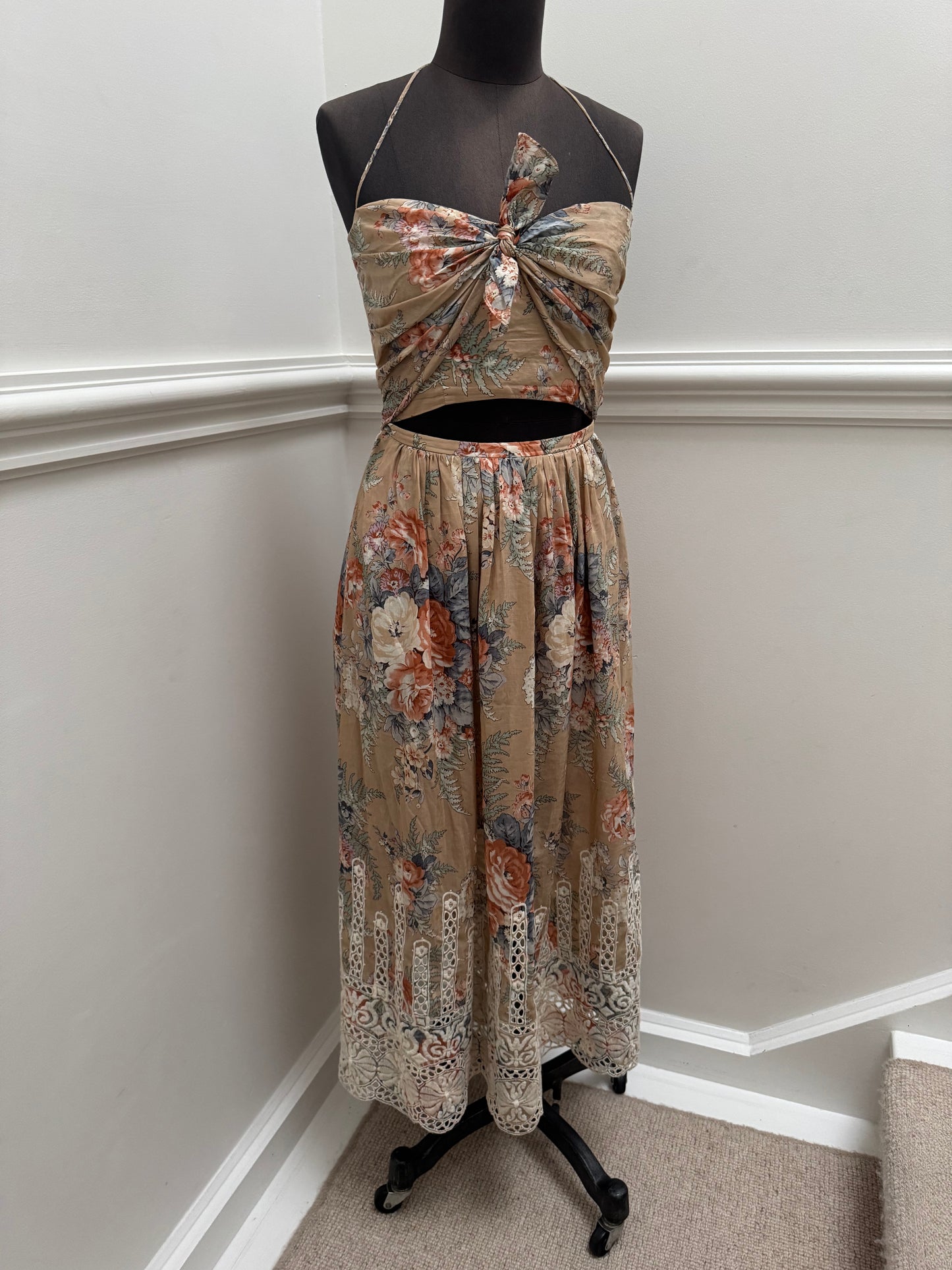 Zimmermann Brown Anais Antique Floral Cotton Tie Midi Dress - Size 1 | Size 10