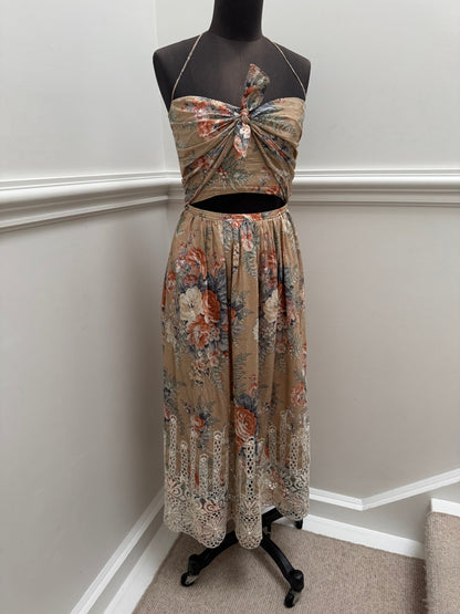 Zimmermann Brown Anais Antique Floral Cotton Tie Midi Dress - Size 1 | Size 10
