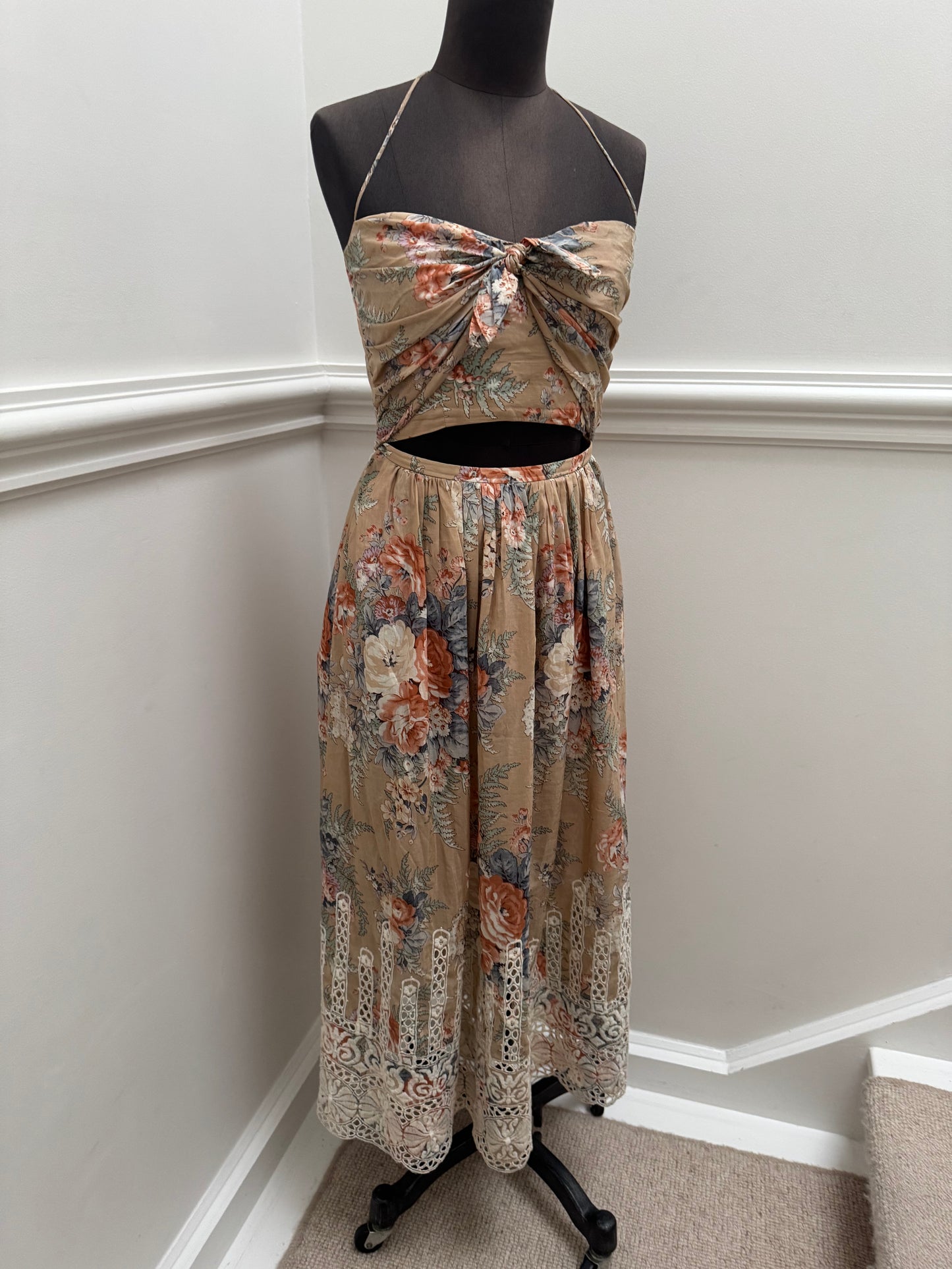 Zimmermann Brown Anais Antique Floral Cotton Tie Midi Dress - Size 1 | Size 10
