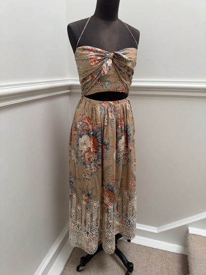 Zimmermann Brown Anais Antique Floral Cotton Tie Midi Dress - Size 1 | Size 10