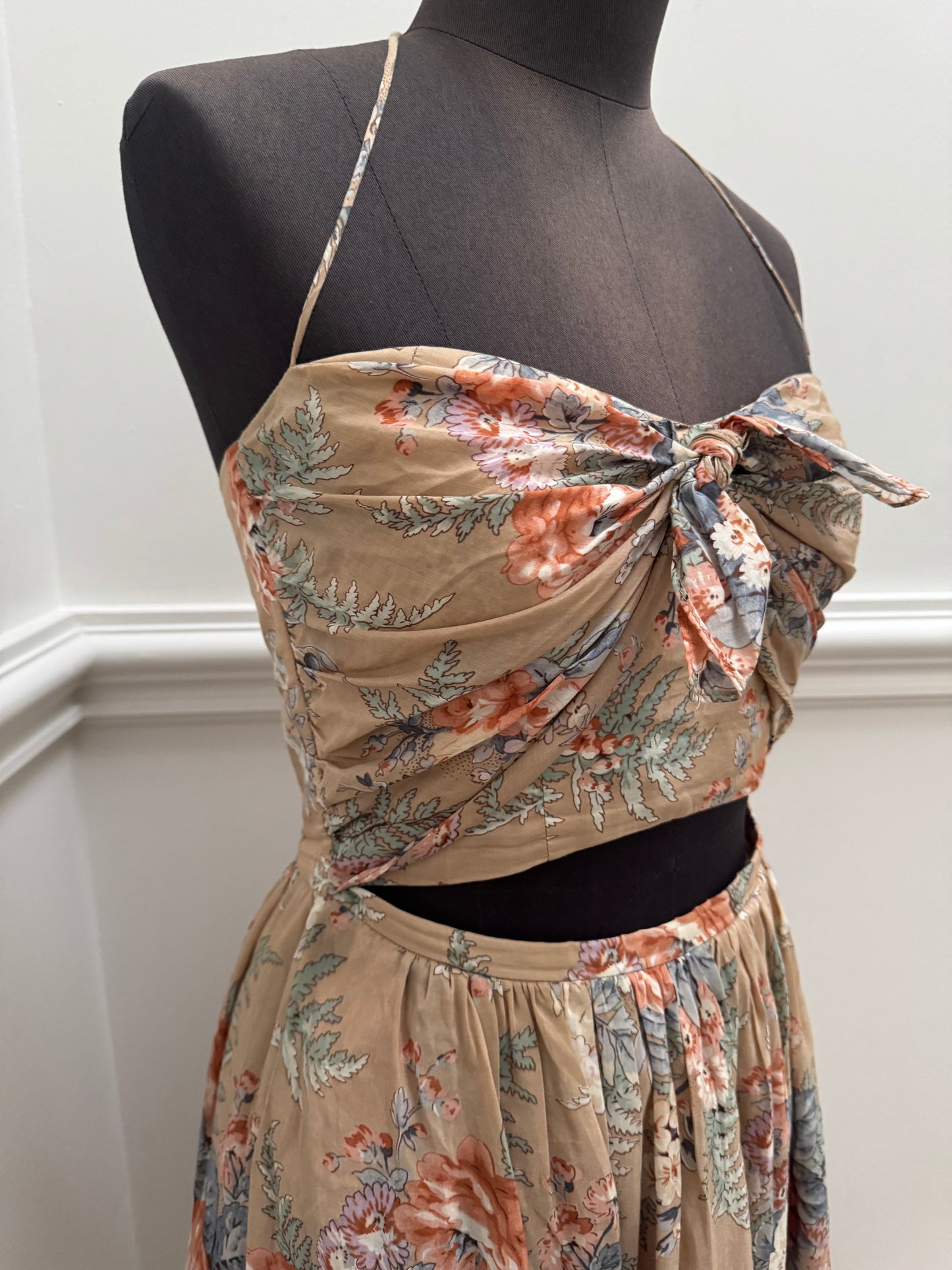 Zimmermann Brown Anais Antique Floral Cotton Tie Midi Dress - Size 1 | Size 10