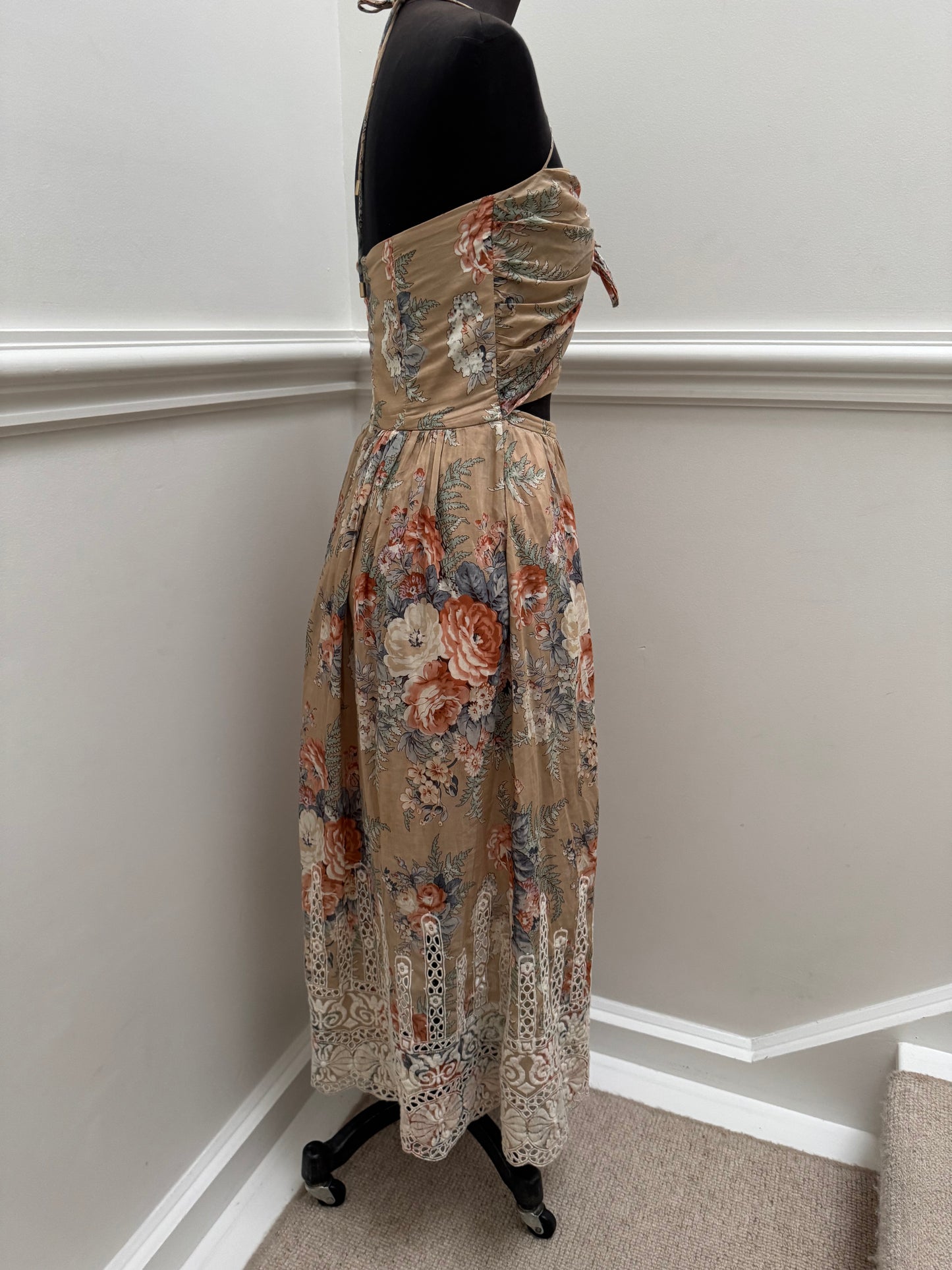 Zimmermann Brown Anais Antique Floral Cotton Tie Midi Dress - Size 1 | Size 10