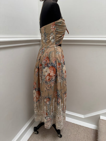 Zimmermann Brown Anais Antique Floral Cotton Tie Midi Dress - Size 1 | Size 10