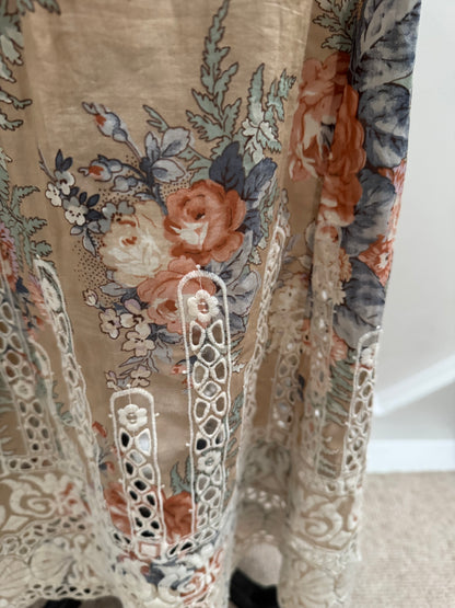 Zimmermann Brown Anais Antique Floral Cotton Tie Midi Dress - Size 1 | Size 10