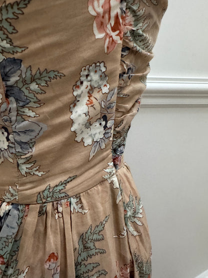 Zimmermann Brown Anais Antique Floral Cotton Tie Midi Dress - Size 1 | Size 10