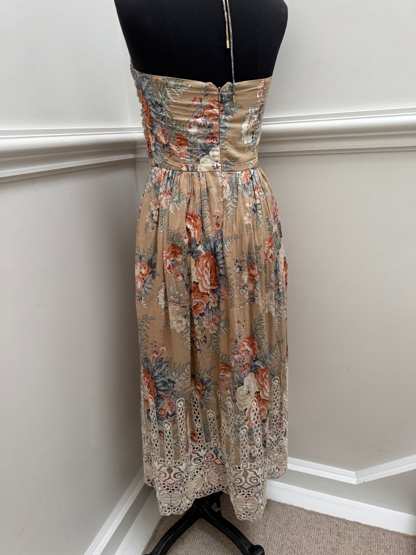 Zimmermann Brown Anais Antique Floral Cotton Tie Midi Dress - Size 1 | Size 10