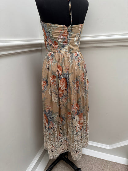 Zimmermann Brown Anais Antique Floral Cotton Tie Midi Dress - Size 1 | Size 10