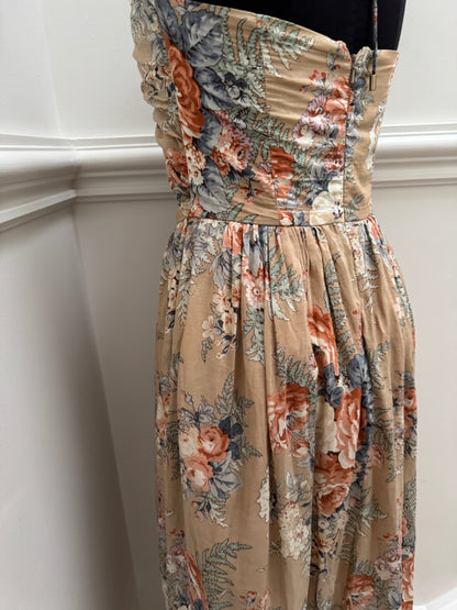 Zimmermann Brown Anais Antique Floral Cotton Tie Midi Dress - Size 1 | Size 10