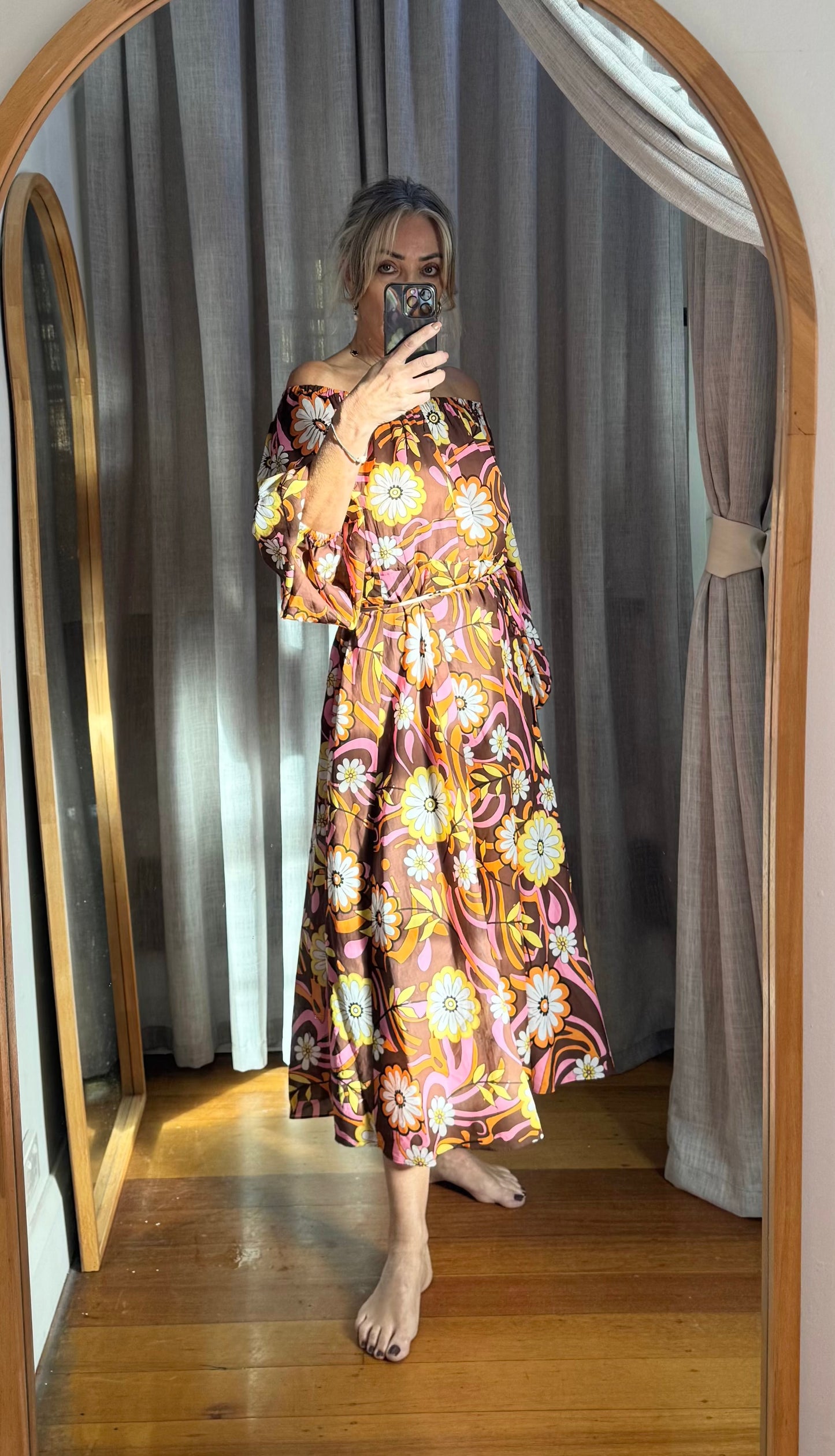 Scanlan Theodore Floral Midi Dress with Tie Belt - Size 8