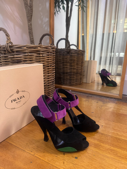 PRADA Calzature Donna Black & Purple Suede Sandals - Size 38.5