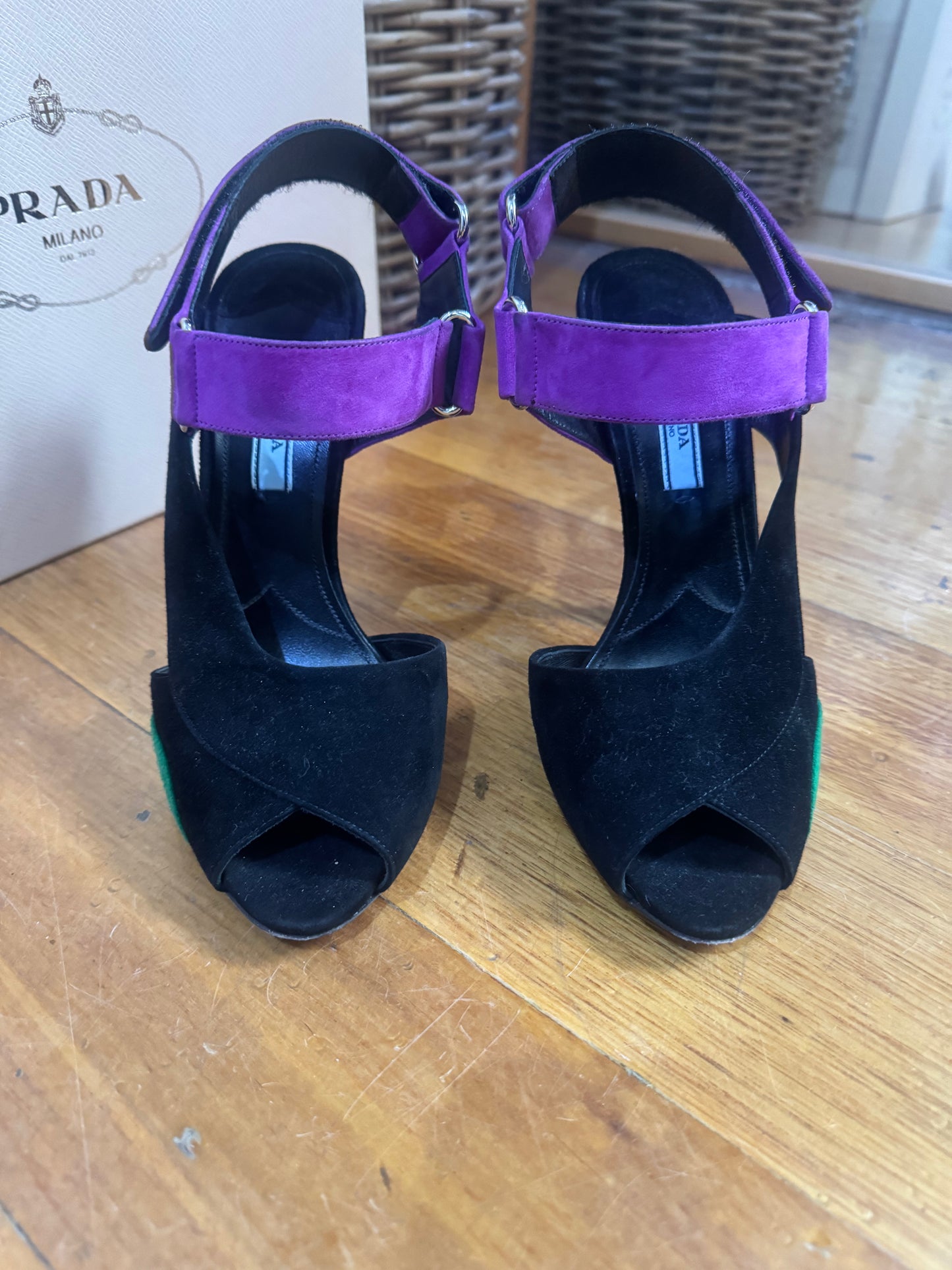 PRADA Calzature Donna Black & Purple Suede Sandals - Size 38.5