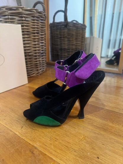 PRADA Calzature Donna Black & Purple Suede Sandals - Size 38.5