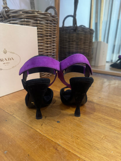 PRADA Calzature Donna Black & Purple Suede Sandals - Size 38.5