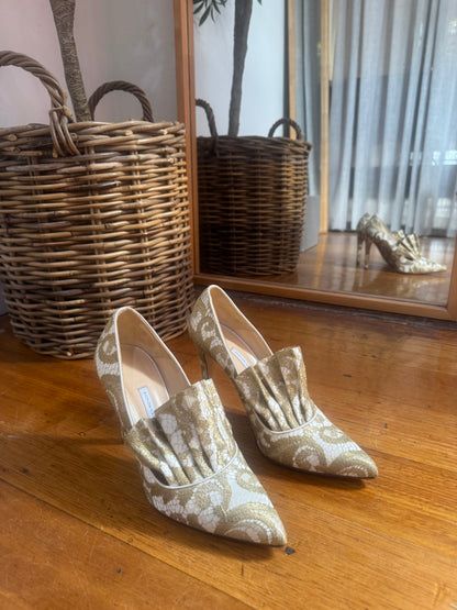 BIONDA CASTANA Daphne Gold Lace Heels - Size 39 (Like New in Box)