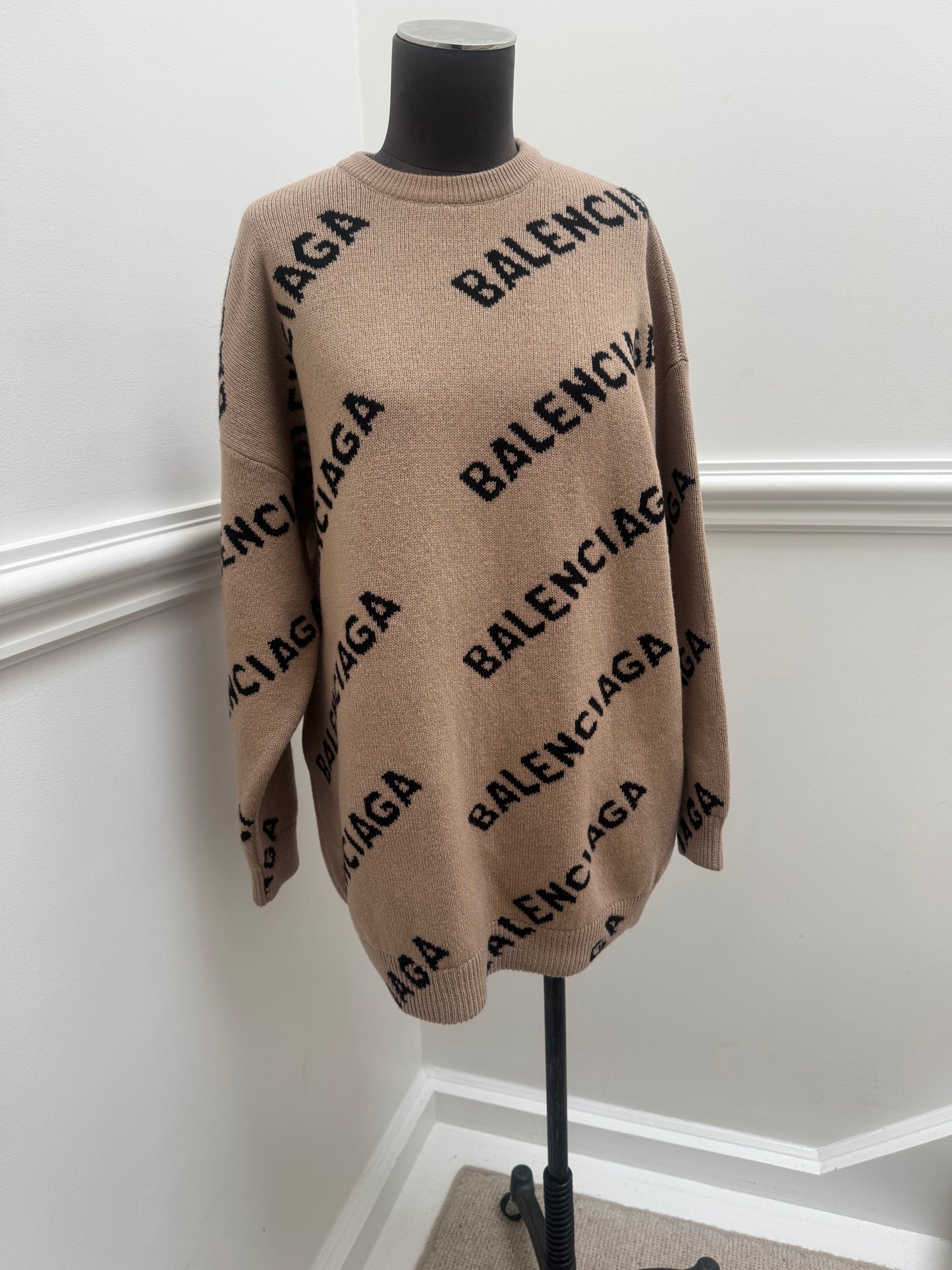 Balenciaga Allover Logo Intarsia Wool Knit Sweater - Size S (Oversized)