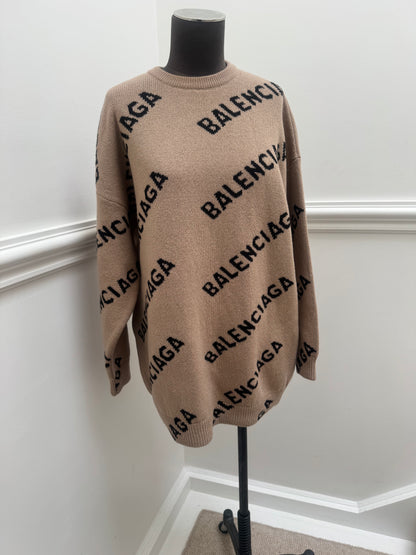 Balenciaga Allover Logo Intarsia Wool Knit Sweater - Size S (Oversized)