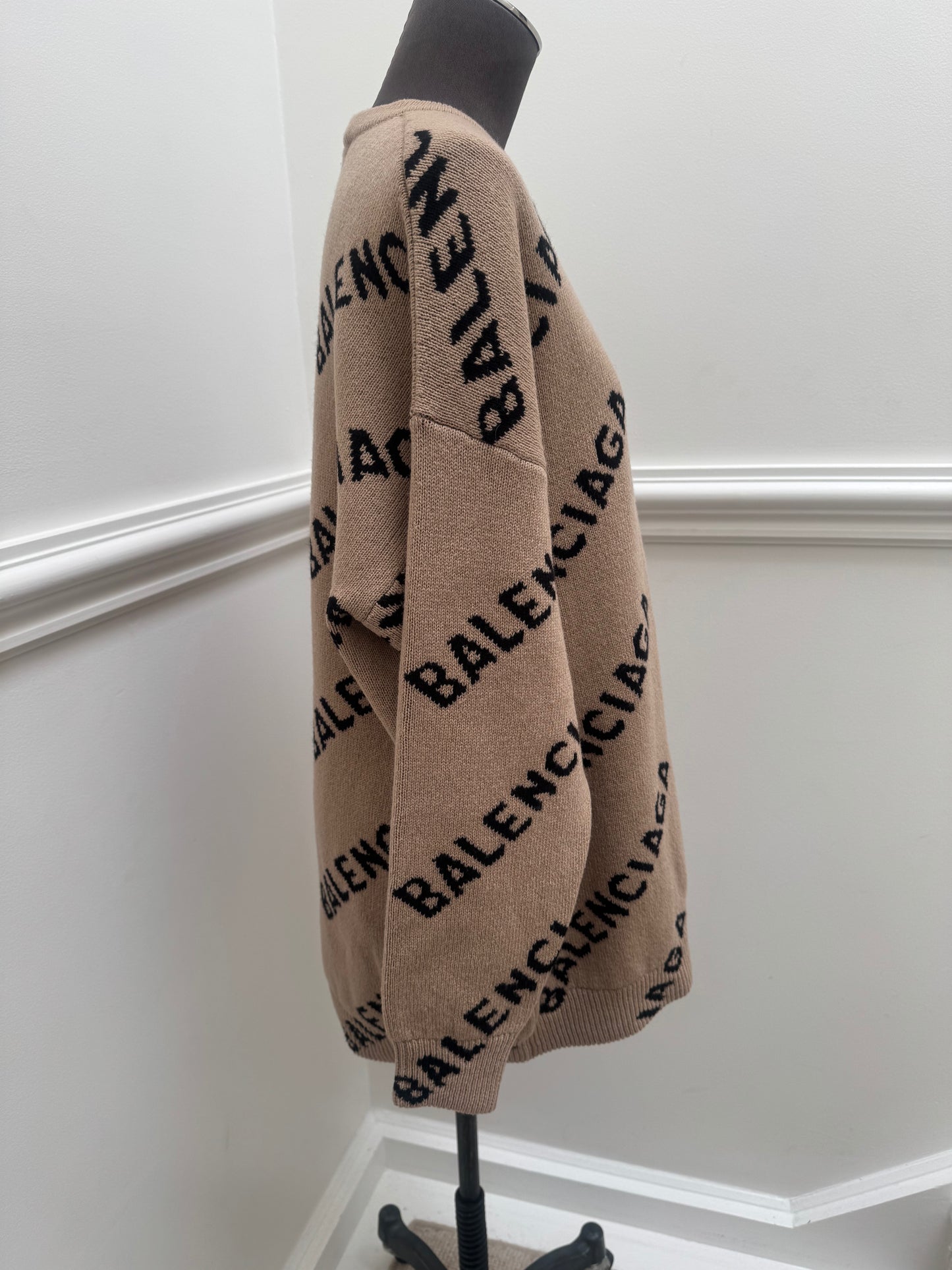 Balenciaga Allover Logo Intarsia Wool Knit Sweater - Size S (Oversized)
