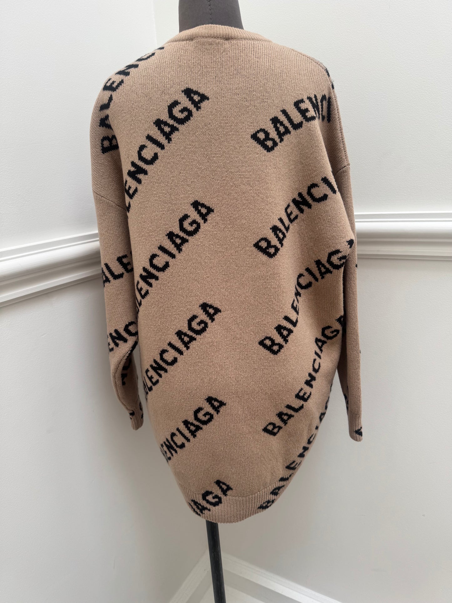 Balenciaga Allover Logo Intarsia Wool Knit Sweater - Size S (Oversized)