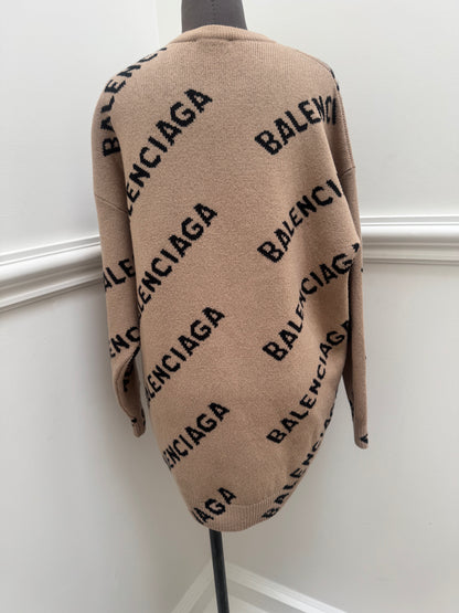 Balenciaga Allover Logo Intarsia Wool Knit Sweater - Size S (Oversized)