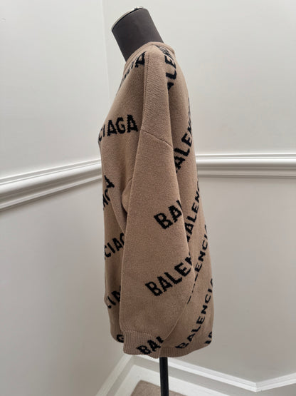 Balenciaga Allover Logo Intarsia Wool Knit Sweater - Size S (Oversized)