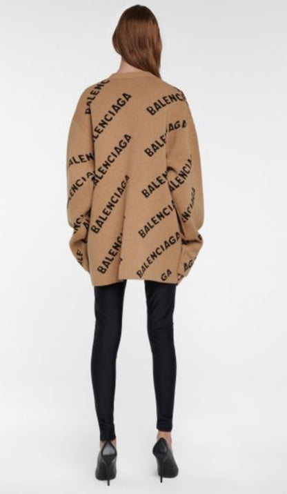 Balenciaga Allover Logo Intarsia Wool Knit Sweater - Size S (Oversized)