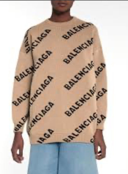 Balenciaga Allover Logo Intarsia Wool Knit Sweater - Size S (Oversized)