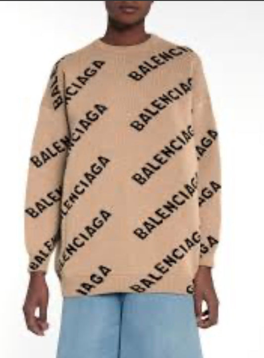 Balenciaga Allover Logo Intarsia Wool Knit Sweater - Size S (Oversized)