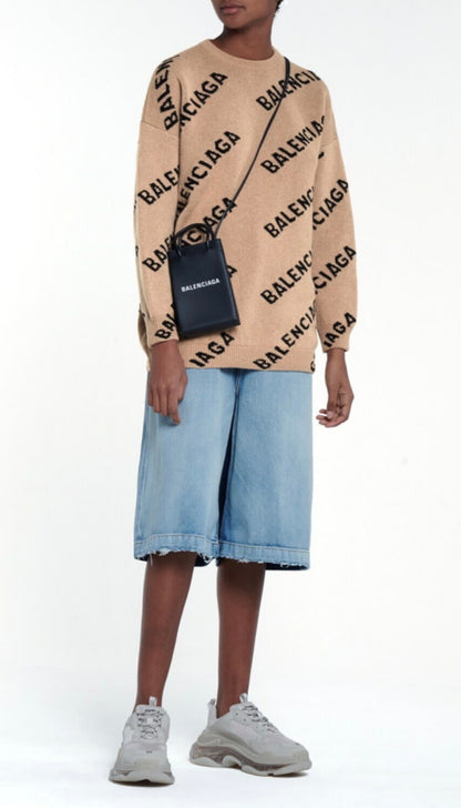 Balenciaga Allover Logo Intarsia Wool Knit Sweater - Size S (Oversized)