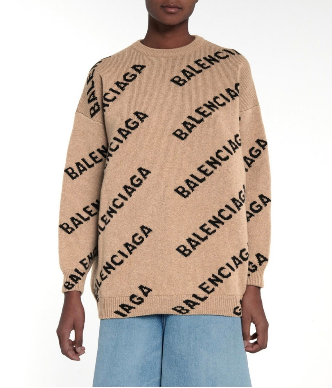 Balenciaga Allover Logo Intarsia Wool Knit Sweater - Size S (Oversized)