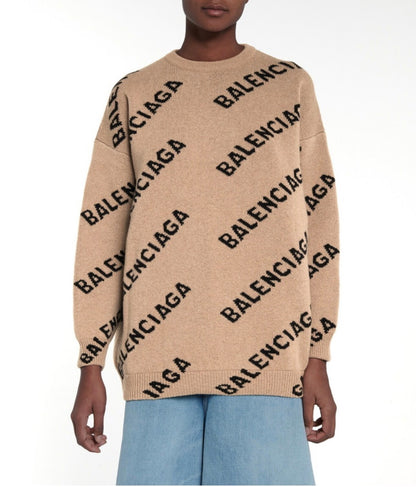 Balenciaga Allover Logo Intarsia Wool Knit Sweater - Size S (Oversized)