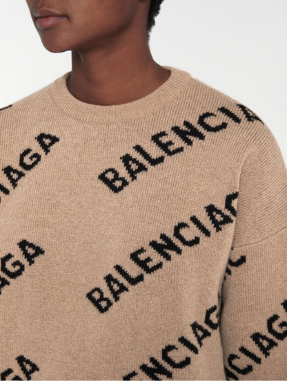 Balenciaga Allover Logo Intarsia Wool Knit Sweater - Size S (Oversized)