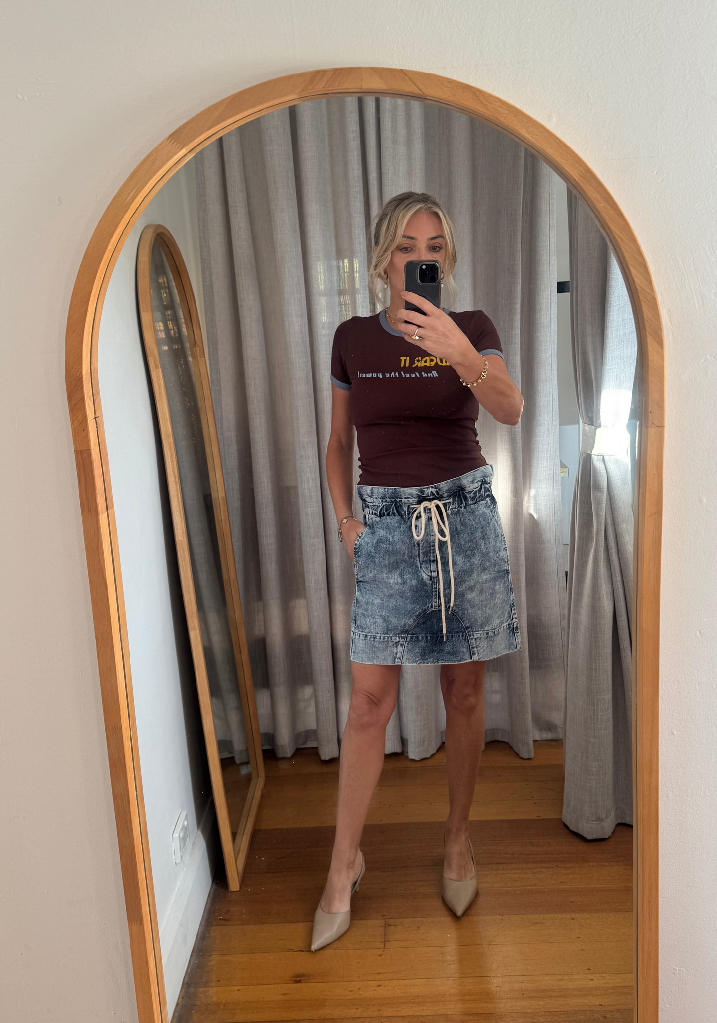 Bassike Stone Washed Paper Bag Denim Skirt - Size S